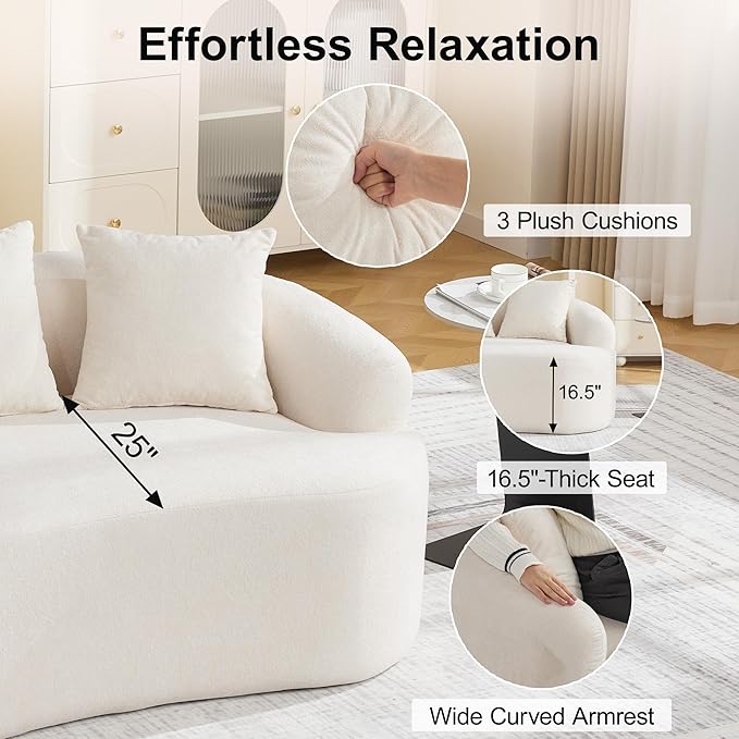 Abbrevi 65" Curved Loveseat Sofa, Deep Seat Love Seat Couches with 3 Throw Pillows, Modern 2 Seater Boneless Curved Couch, Compressed Floor Sofa for Living Room Small Spaces, No Assembly, Beige