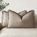 Foindtower Set of 2 Decorative Linen Fringe Lumbar Throw Pillow Covers Boho Farmhouse Cushion Cover with Tassels Soft Accent Pillowcase for Couch Sofa Bed Living Room Home Decor,12×24 Inch,Brown Tan