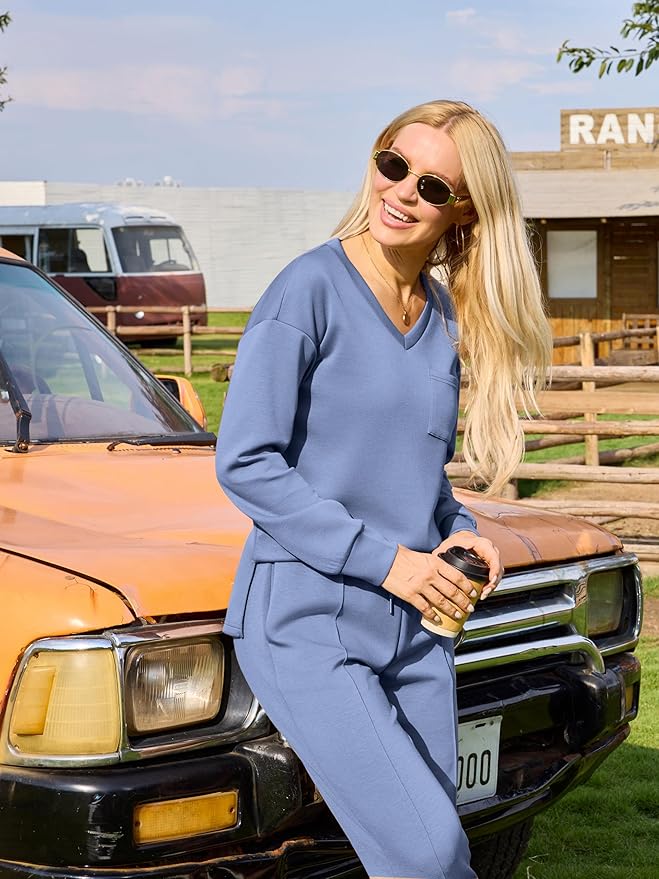 difficort Women's 2 Piece Lounge Sets Casual Travel Airport Outfits Side Slit V-Neck Tops & Wide Leg Pants Matching Set