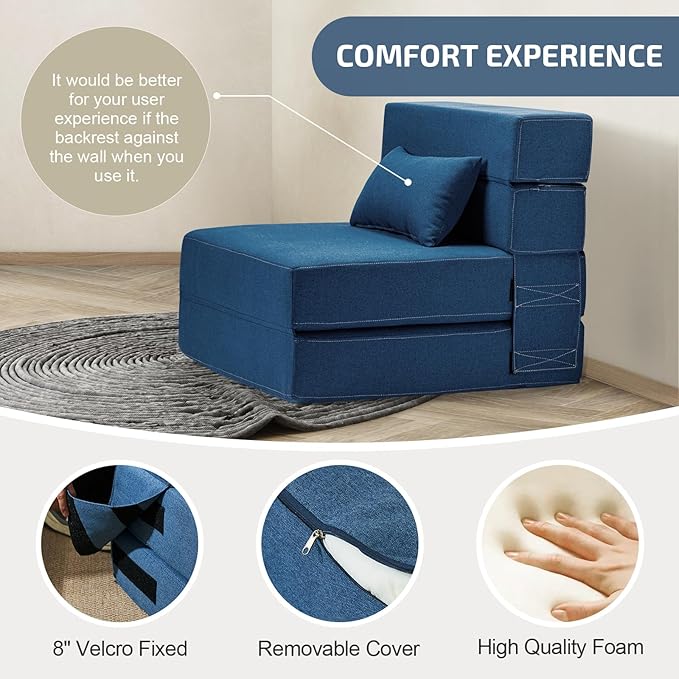 Folding Sofa Bed with Pillow- Convertible Chair Floor Couch & Sleeping Mattress, Foldable Memory Foam Sleeper for Living Room/Dorm/Guest Room/Home Office/Apartment/Loft, Single28,Navy Blue