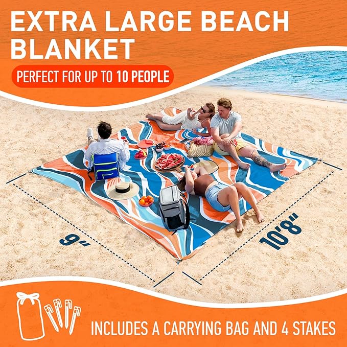 Everlasting Comfort Large Beach Blanket Waterproof & Sandproof - 128” x 108” /10.7ft x 9ft - Lightweight Picnic Mat, Camping Necessities for 10 People - Accessories for Outdoor Festivals - Orange