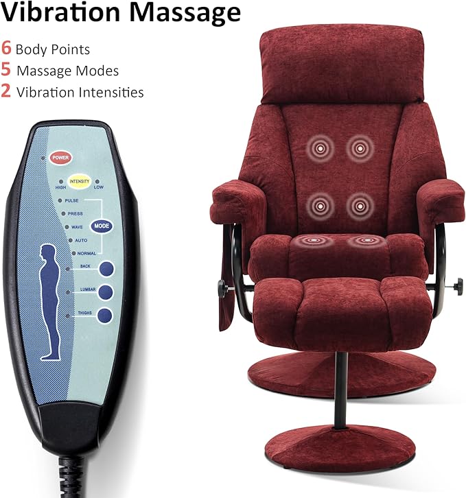 MCombo Swivel Recliner with Ottoman, TV Chair with Vibration Massage, Ideal for RV Small Space, Living Room & Bedroom 4828 (Textile, Burgundy)