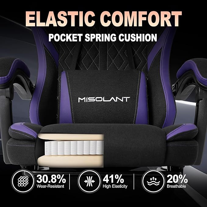 Misolant Gaming Chair, Fabric Gamer Chair with footrest for Adults, High Back Ergonomic Computer Game Chair with Adjustable Headrest and Massage Lumbar Support, 90-155° Recline Free, Purple