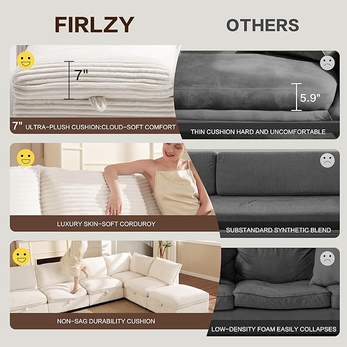 FIRLZY 92" Modular Sectional 4 Seater Sofa with Removable Covers and Storage, Convertible L-Shaped and Sleeper Sectional, Modern Corduroy Couches with Ottoman Chaise for Living Room, Apartment, White