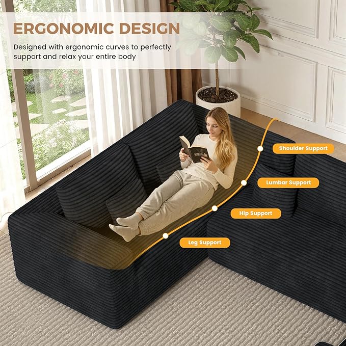 136'' Large Sectional Cloud Couches with Chaise, U Shaped Boneless Sofa Bed with Ottoman, No Assembly Required Deep Seat Modular Lounge for Living Room 4PCS Set, Bedroom(Black)