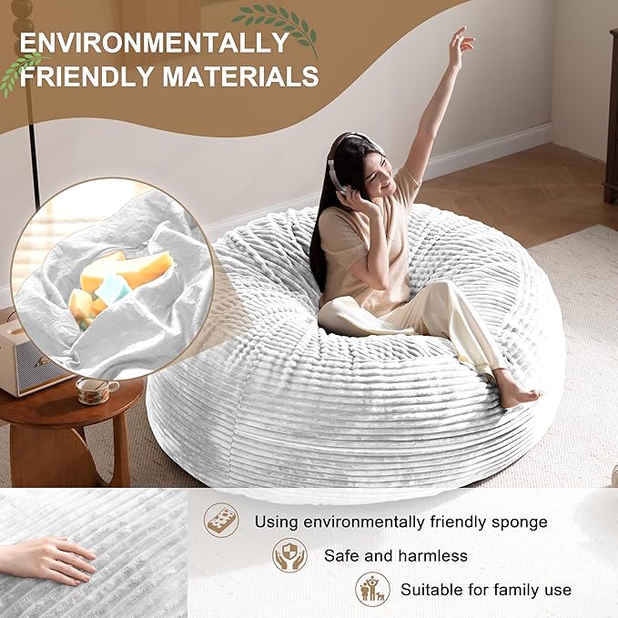 Bean Bag Chair for Adults, Floor Bean Bags Offers Ample Space for Adults,Memory Foam Giant Bean Bags,Lounger Versatile Design Suits Any Room,Movie Nights,Reading(Striped White,6FT)