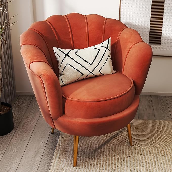 DAGONHIL Mid Century Modern Upholstered Accent Chair,Petal Vanity Chair,Retro Leisure Velvet Single Sofa with Golden Metal Legs for Living Room/Bedroom/Makeup Room, Rose Pink