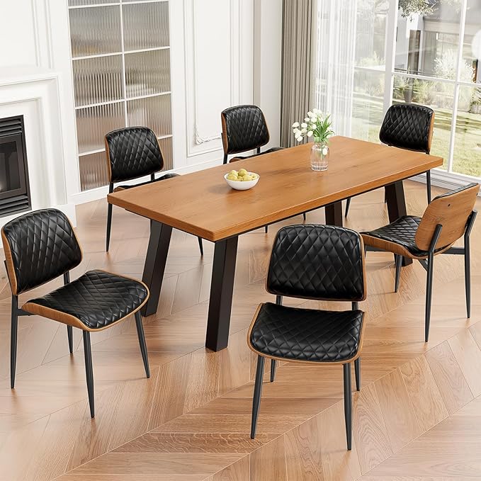 Dining Chairs Set of 6, Mid-Century Modern Upholstered PU Leather Chairs with Walnut Back and Metal Legs Adjustable Feet for Kitchen Dining Room, Black Diamond Plaid