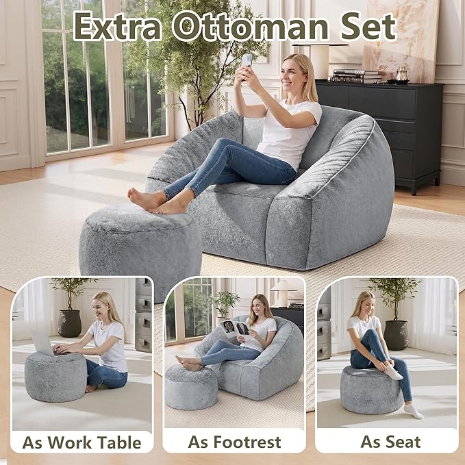 Bean Bag Chairs with Ottoman for Adults, Comfy Beanbag Chair with High-Resilience Foam, Oversized Bean Bag Sofa with Soft Faux Fur Fabric, Bean Bag Chair for Living Room,Bedroom,Light Grey