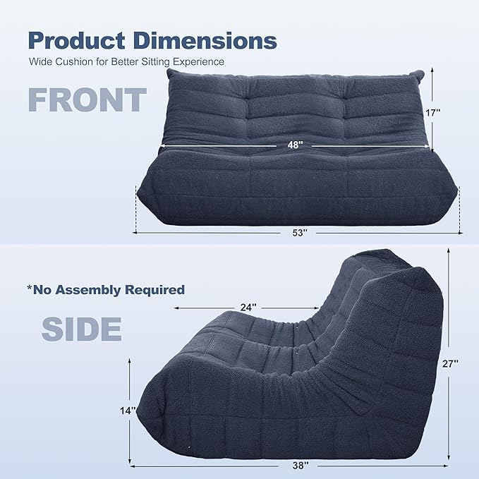 Bean Bag Loveseat Chair Big Sofa Beanbag Chair for Adults Fireside Chair Bean Bag Lounger with Memory Foam Filled for Home,Apartment or Gaming Venue（Blue Teddy）