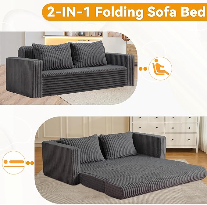 HABUTWAY Folding Sofa Bed, 2 in 1 Convertible Sleeper Chair with 2 Pillows, Portable Fold Out Chair Bed with Armrest, Comfy Floor Couch, Lazy Sofa for Living Room Bedroom Dorm Home Office