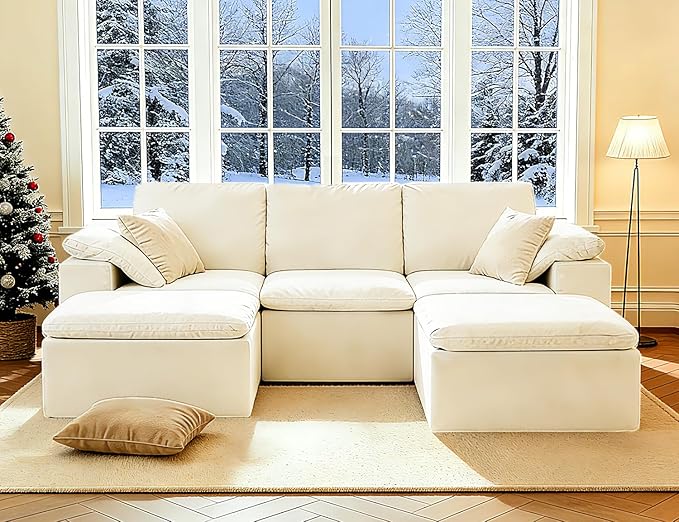 ANONER 108" Cloud Sectional Couches for Living Room, Modular U Shaped Boneless Couch with 2 Ottomans, Deep Seats Chenille Modern Sofa, No Assembly Cloud Couch, Convertible, Beige