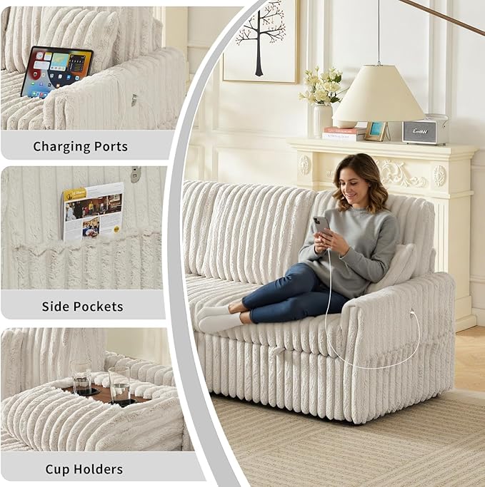 Sleeper Sofa Bed, 81” Pull Out Couch Bed with Reversible Storage Chaise, 3 in 1 L-Shaped Couch with Charging Station, Cup Holder, Side Pocket, Plush Corduroy Couches for Living Room(Beige)