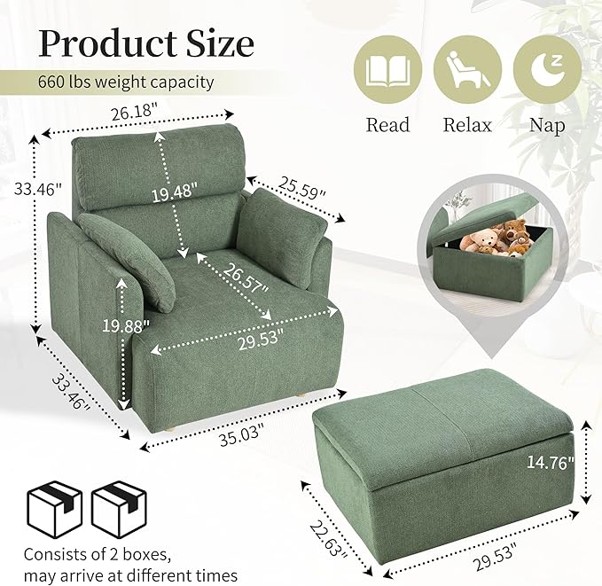 QKFF Modern Oversized Accent Chair with Storage Ottoman & Side Pillows, Snowflake Fleece Upholstered Chaise Lounge Chair, Deep Seat Reading Chair for Living Room, 350lbs Capacity