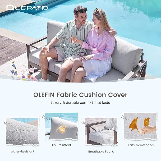 UDPATIO 4 Piece Faux Wood Aluminum Patio Furniture Set Modern Patio Conversation Set with Coffee Table for Balcony, Backyard, Deck, 600D Waterproof Furniture Cover Included, Light Grey