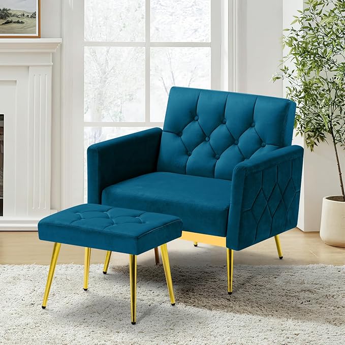 ACMEASE Velvet Accent Chair w/Adjustable Armrests and Backrests, Tufted Single Sofa with Ottoman, Upholstered Reading Chiar for Living Room, Apartment, Bedroom, Teal