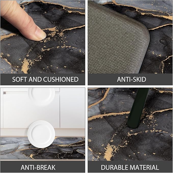 Anti Fatigue Kitchen Mat Cushioned 2 Pieces Black Kitchen Rugs Non Slip Waterproof Kitchen Floor Mats Gold Kitchen Accessories Comfort Memory Foam Kitchen Mats for Floor Laundry Room