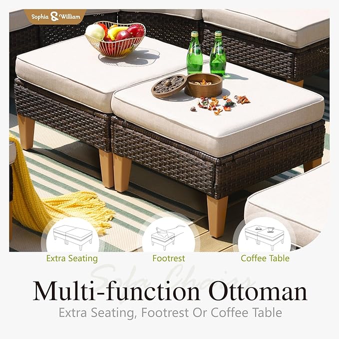 Sophia & William 7 Piece Patio Furniture Sets, Sectional Outdoor Rattan Wicker Sofa, All Weather Patio Conversation Set for Deck Backyard Lawn, Outdoor Couch, Beige