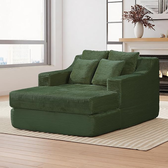 47" Boneless Chaise Lounge Chair Indoor,No Assembly Single Sleeper Upholstered Boneless Couch with 4 Pillows,Comfy Pet Friendly High Weight Capacity Foam for Bedroom,Living Room,Study Room,Green