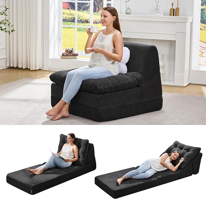 Hobestluk Sofa Couch Folding Sofa Bed Comfy Floor Lounger Convertible Sofa with Removable Cushion Couches for Small Spaces Foldable Mattress for Living Room Bedroom or Office (Cordury Black, Large)