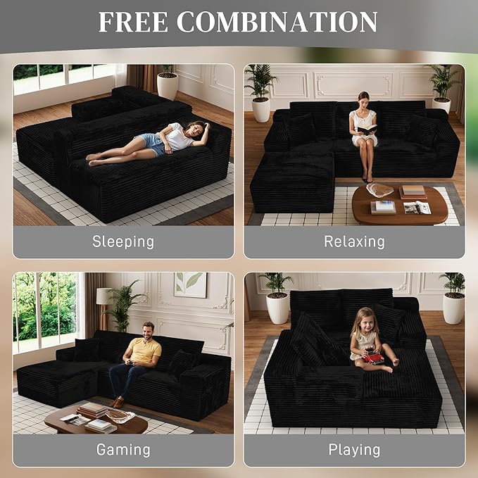 Modular Sectional Sofa Cloud Sectional Couch, 107" Comfy Fluffy L Shaped Jet Black Couches for Living Room, Memory Foam Deep Seat Corduroy Boneless Couch Sectionals Left Facing Chaise Sofas
