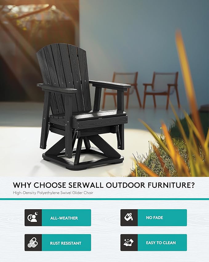 SERWALL Adirondack Swivel Glider Chair, HDPE Glider Set of 2 for Outdoor, All-Weather Glider Chair for Porch, Balcony, Midnight Black