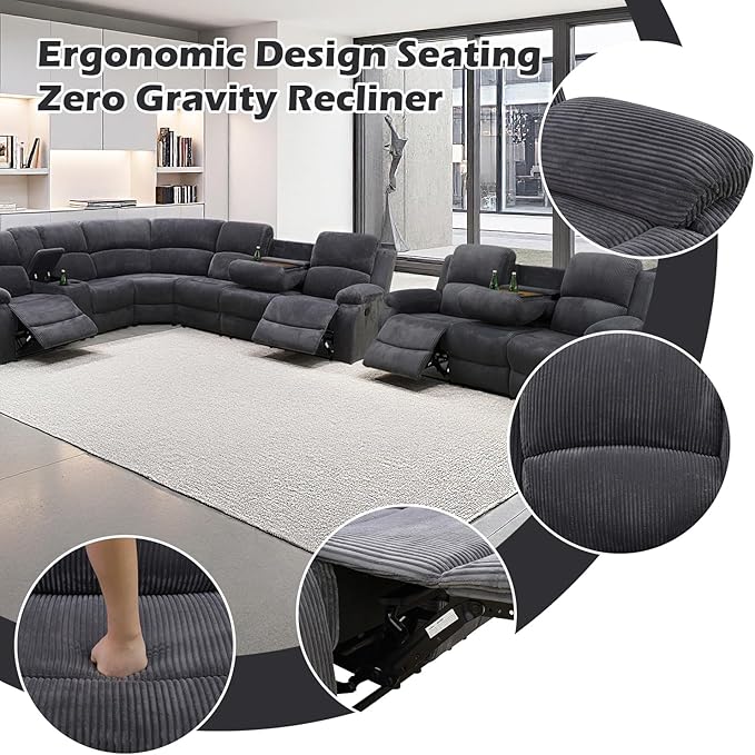 SIENWIEY Manual Recliner Sectional Sofa for Living Room,L Shaped Reclining Sectional Corner Couch with Sofa,Gray Corduroy Recliner Sofa Set with Storage Console/Drop Down Coffee Table/Cup Holders