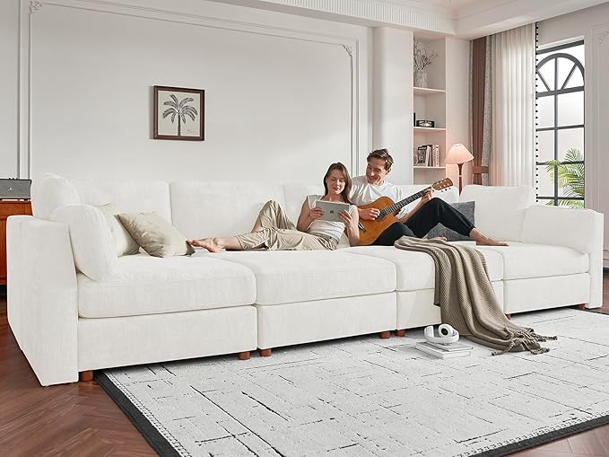 CUGOAO 117.7'' Modular Sectional Sofa, Oversized L-Shaped Sectional Couch with Ottoman, Deep Seat Chenille Cloud Couch, Mordern Upholstered Couches for Living Room, Apartment, Office, Beige