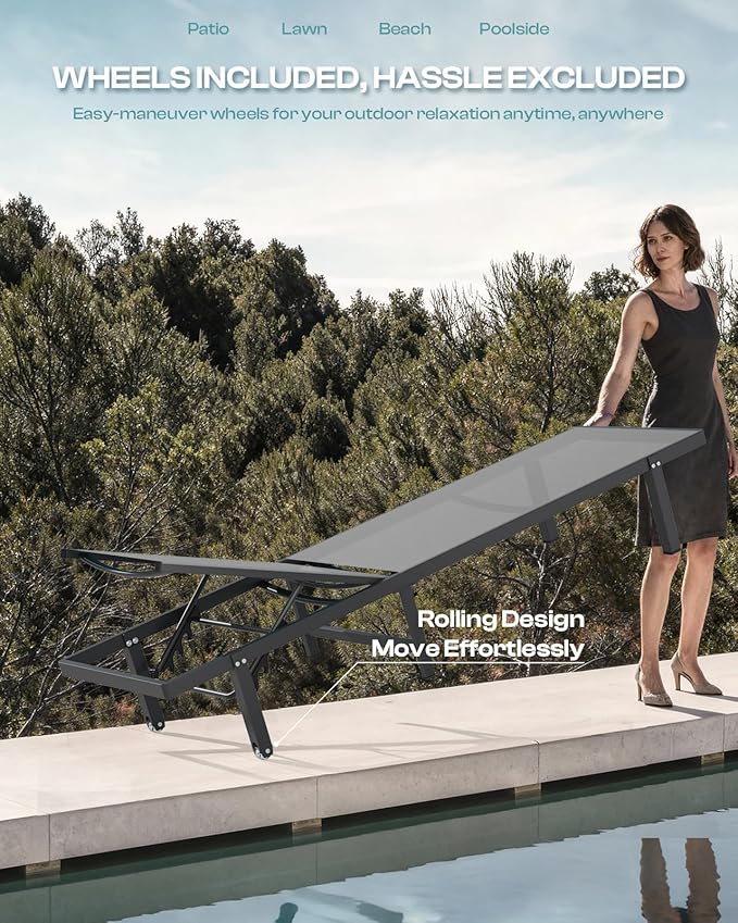 Chaise Lounge Outdoor, Pool Lounge Chairs with Wheels and 5-Position Recliner -Easy to Move- Aluminum Patio Lounge Chair for Poolside, Deck (Darkgray)