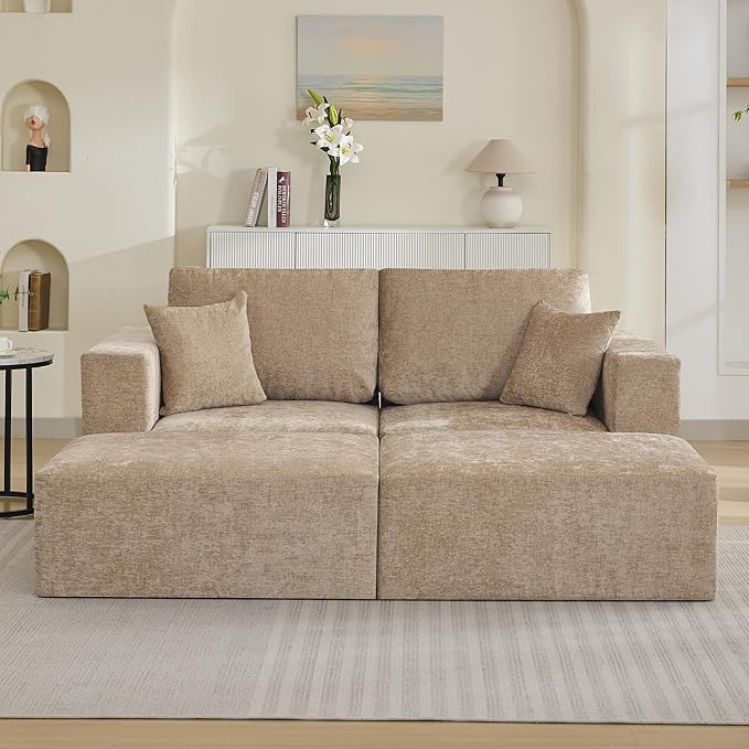 83'' Boneless Loveseat Sofa, Comfy Deep Seat Cloud Couch with 2 Moveable Ottoman, No Assembly Chenille Love Seat for Living Room, Camel
