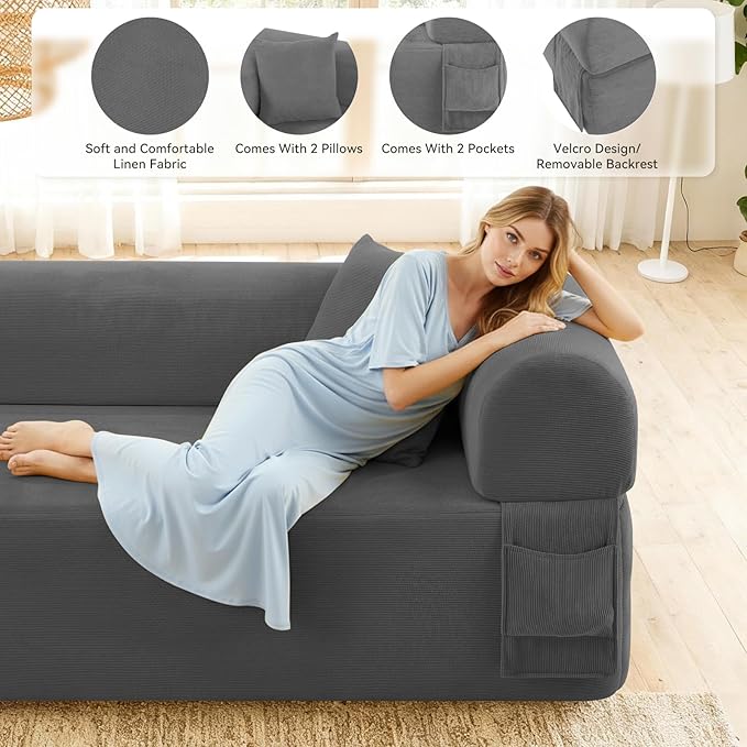 GJQ 3 Seater Couch, Corduroy Boneless Couches for Living Room,Compressed Cloud Sofa in a Box with 2 Pillows & Storage Bag,Memory Foam Floor Sofa with Armrests,No Assembly Required,Gray