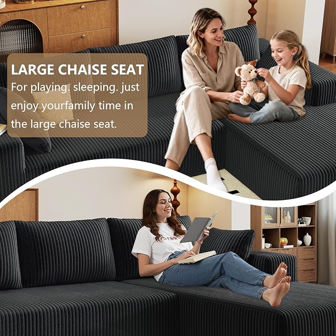 96" Modular Sectional Couch, Boneless L Shaped Cloud Sofa with Chaise Lounge, Corduroy Upholstered Couches Memory Foam Deep Seat, No Assembly Required, Ideal for Living Room(Black, Right Facing)