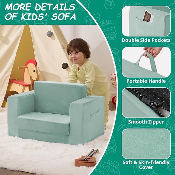 Kids Couch, 2-in-1 Toddler Chair Comfy 1-3 Years, Convertible Kids Chair, Toddler Couch That Fold Out, Kid Lounge Chairs for Boys and Girls, Soft Coral Fleece, Single, Teal