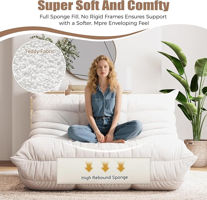 Selyteramy Bean Bag Chairs for Adults, Giant Bean Bag Chair Sofa with Memory Foam, Comfy Beanbag Loveseat Lazy Sofa for Living Room, Bedroom, Apartment, White