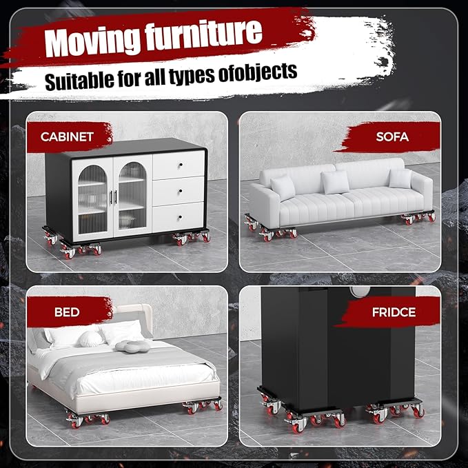 LOYAL TIGER Heavy Duty 3000LBS Furniture Dolly & Movers with 5 Wheels & Brake - 360° Rotating Moving Dolly for Furniture, Piano, Appliances - 6.4 Inch Non-Slip Sliders, Red