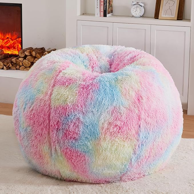 Rainbow Bean Bag Chair - Giant Bean Bag Chairs for Adults and Kids - Oversized Bean Bag Sofa Couch with Filler - Faux Fur BeanBag Furniture for Living Room Bedroom Dorm Office - 41inch