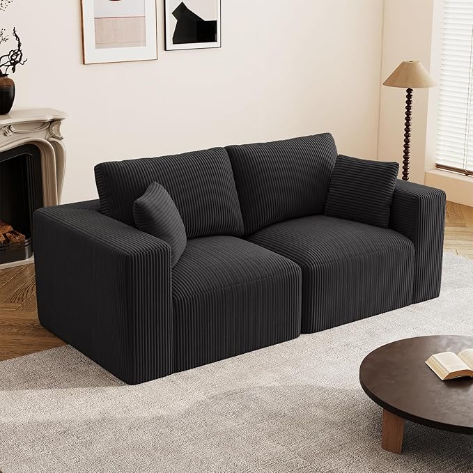 79" Modular Loveseat Cloud Couch, Memory Foam Boneless Double Sofa, Comfy Upholstered Corduroy Frameless Furniture, No Assembly Required Small Couch for Apartment, Living Room, Office, Black