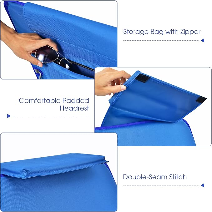 Tangkula 3 Pieces Beach Chairs for Adults, Lightweight Lawn Lounge Chairs with 5 Adjustable Recline Position, Zipper Pocket, Backpack 2 Pack Beach Chairs Set with Folding Side Table (Blue)