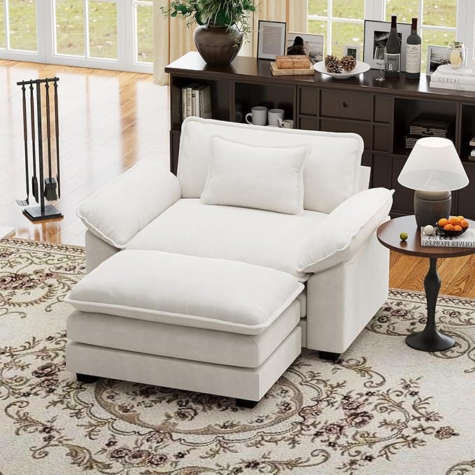 CDCASA 50'' Oversized Chair with Movable Ottoman, Velvet Comfy Cloud Sofa Accent Chairs w/Large Seat and Armrests, Modern Extra Wide Armchair Reading Chairs for Living Room, DIY Combination, Beige