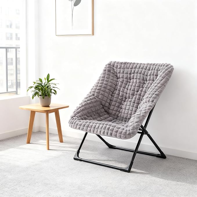 HollyHOME X-Large Saucer Chair, Comfy Oversized Folding Chair, Faux-Fur Reading Chair for Teens, Adults, Foldable Accent Lazy Chair, Metal Lounge Chair for Living Room, Bedroom, Dorm, Grid Blue&Grey