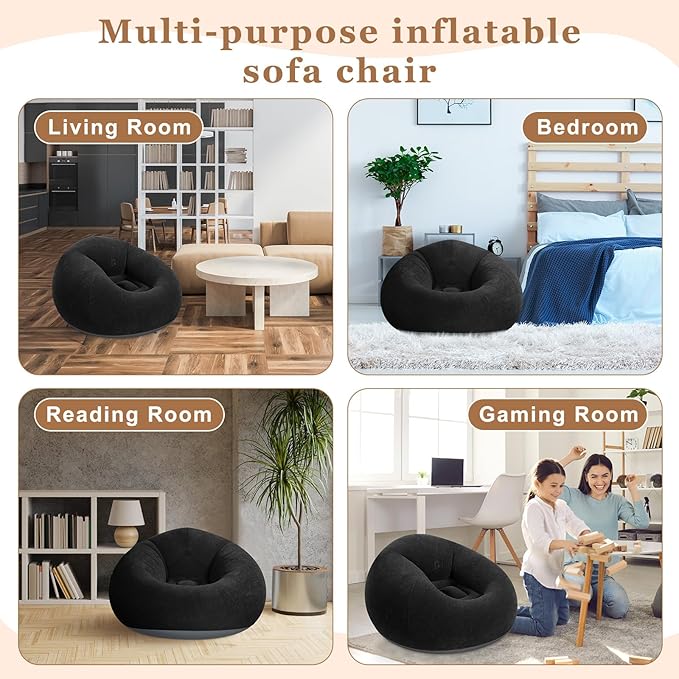 Realspring 6 Pcs Inflatable Bean Bag Chairs for Adults with Electric Air Pump, Blow up Couch Folding Portable Inflatable Couch Lazy Sofa for Outdoor Movie Nights Camping Room (Black)