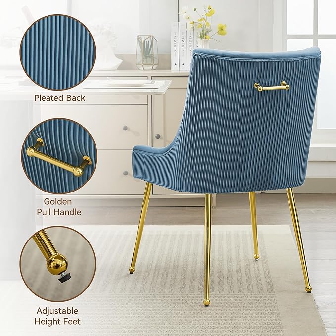 WUTUTUEE Velvet Dining Chairs Set of 6 Gold Legs,Upholstered Velvet Accent Chairs, Pleated Back Design & Gold Pull Handle, Mid Century Modern Chairs for Dining/Kitchen/Living Room,Light Blue