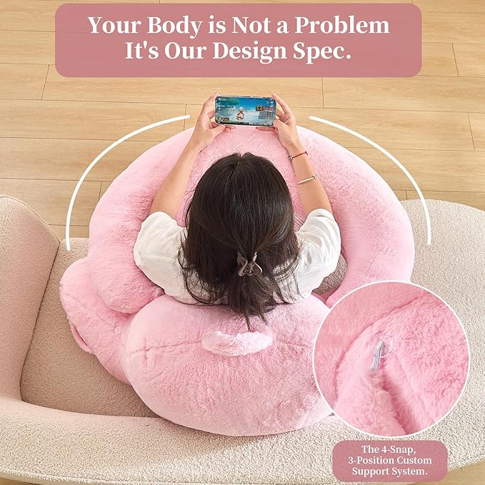 PAJEO Reading Pillow for Bed,U Shaped & Back Support Pillow for Bed,17" Backrest with Lumbar & Arm Support,Luxurious Faux Rabbit Fur,Gaming PillowFor Crochet/Reading/Watching TV,Pink