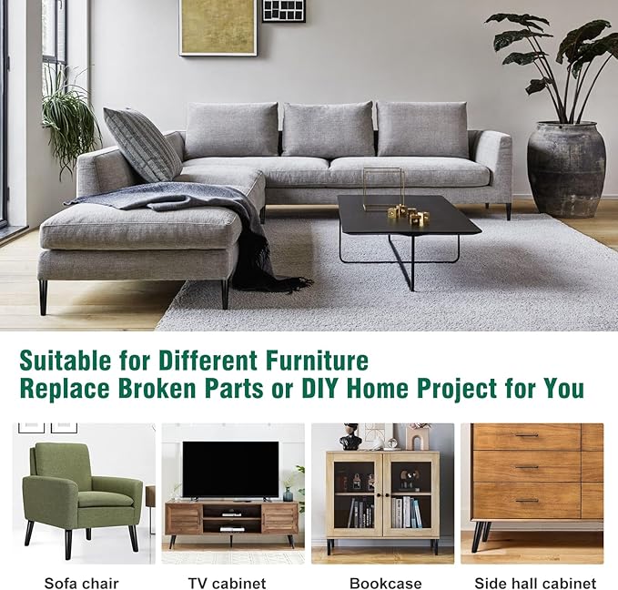 FoDau770 Black Rubber Wood Furniture Legs 16 Inches, Straight Tapered Wood Feet Mid Century Sofa Legs Set of 4, 5/16" UNC Furniture Feet for Cabinet Couch Dresser Chair Ottoman Table