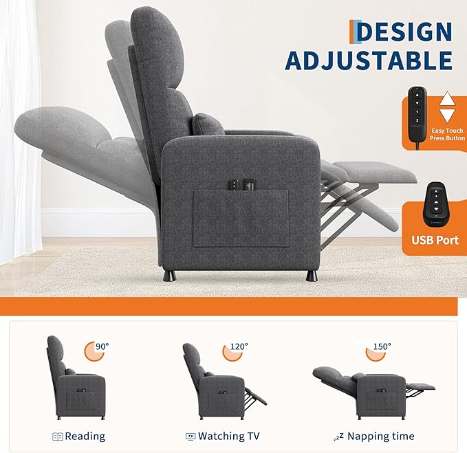 GarveeHome Power Recliner Chair, Adjustable Electric Recliner Ergonomic Overstuffed Single Sofa, Tall Back, Padded Seat, 2 Side Pockets and USB Port, Home Theater Seating for Living Room