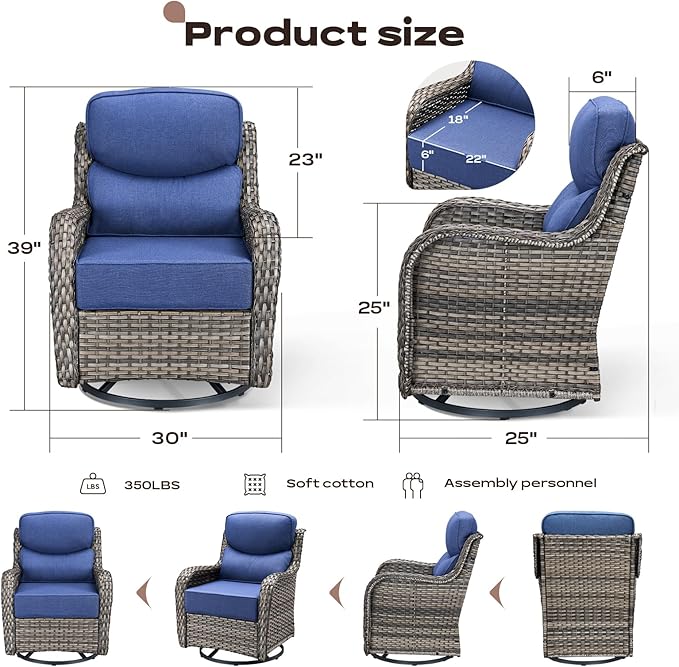 Rilyson Outdoor Swivel Rocker Chairs - All Weather Resistant Wicker Patio Furniture Set of 2 with High Back and 6 inch Thick Cushions for Deck Porch Yard and Poolside, Mixed Grey/Blue