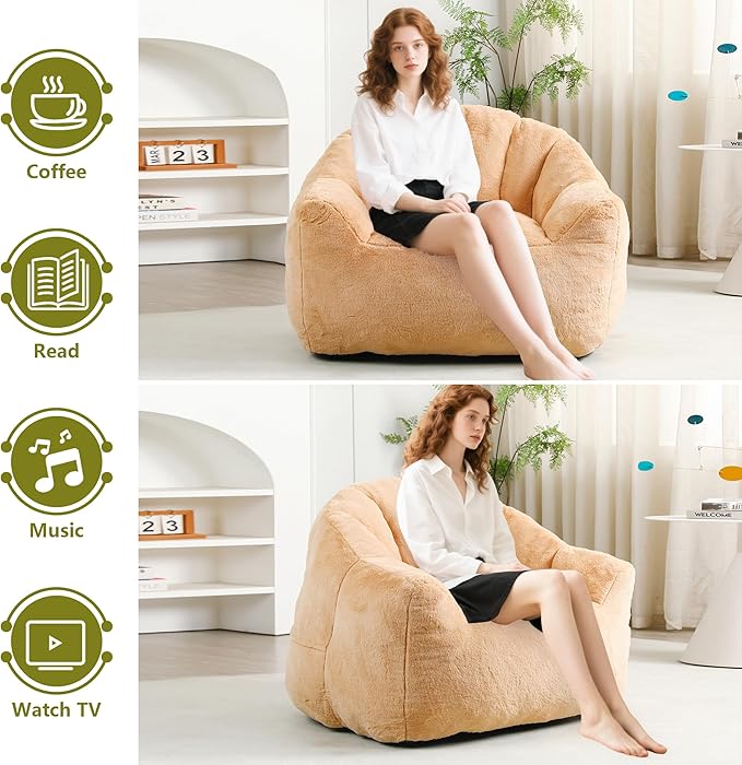 Setawix Giant Bean Bag Chair with Filler, Comfy Faux Fur Bean Bag Chairs for Adults and Kids, Lazy BeanBag Sofa Stuffed Floor Sofa with Memory Foam for Bedroom Apartment Living Room,Brown