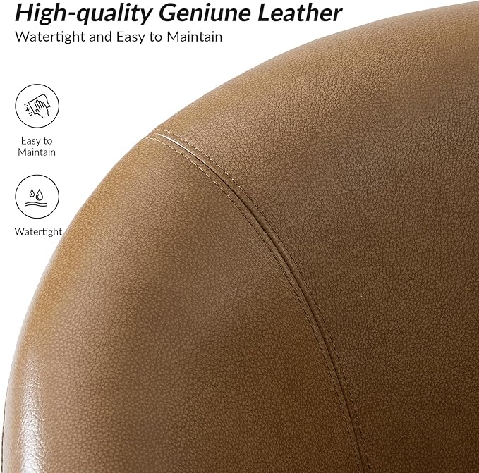 HULALA HOME Genuine Leather Swivel Accent Chair with Solid Wood Base, Round Swivel Barrel Chair for Living Room and Bedroom, Camel
