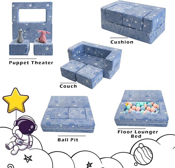 MeMoreCool Modular Kids Sofa, Glow in The Dark Space Kids Play Couch Sofa, Blue Fold-Out Foam Lounger Chair for Girls and Boys, Bedroom and Playroom