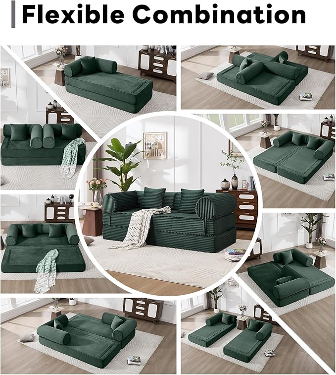 Tbfit 79'' Convertible Sofa Bed, Oversized Corduroy Folding Boneless Couch, Futon Mattress Sleeper Sofa, Comfy Foldable Upholstered Floor Couches for Living Room, Dark Green